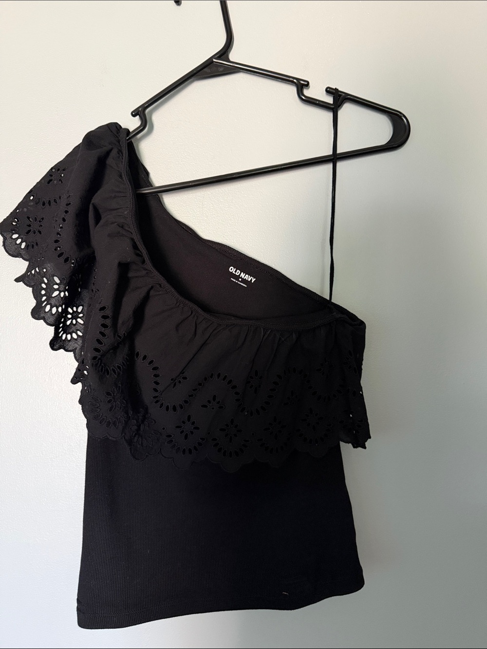 Old Navy Black One-Shoulder Eyelet Ruffle Top
